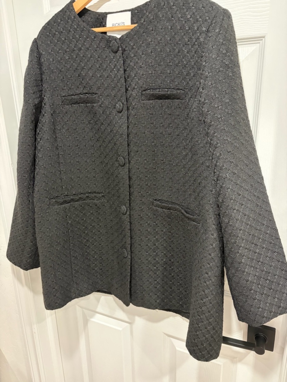 Ricki's Black Bouclé Textured Round-Neck Button Up Front and Pockets Jacket - Picture 2 of 8